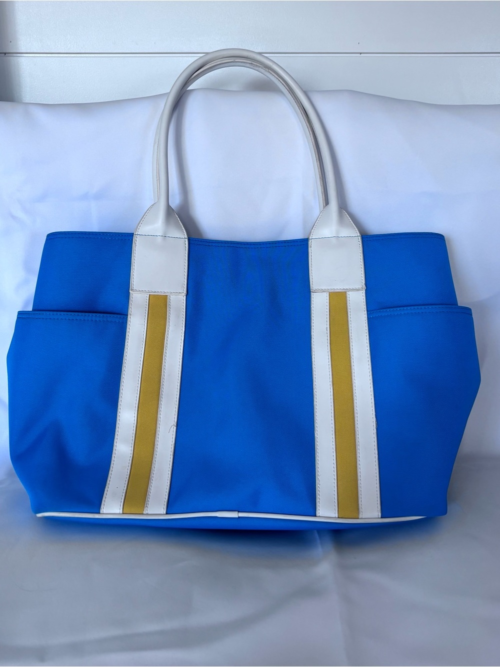 Amanda Smith Blue Tote with White Handles and Yellow Stripes
